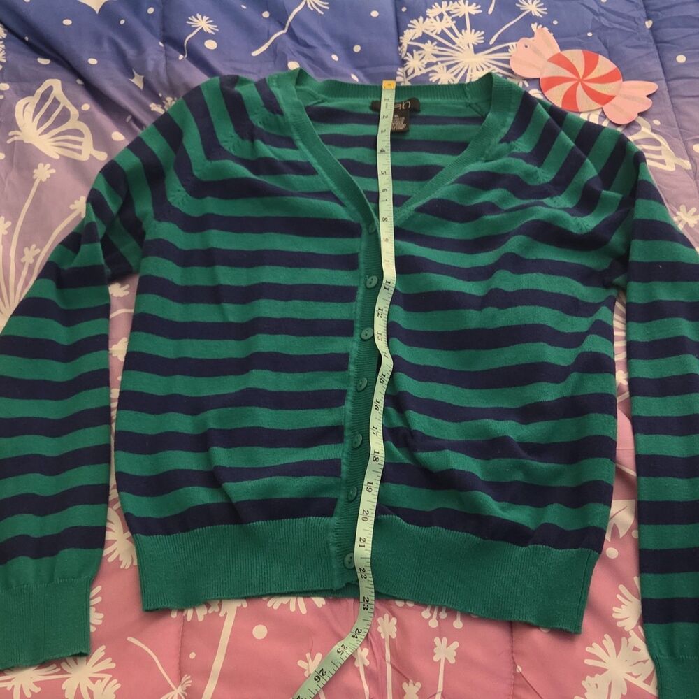 Deb Green Navy Striped Cardigan Sweater XL Y2K Indie Grunge Knit V-Neck
